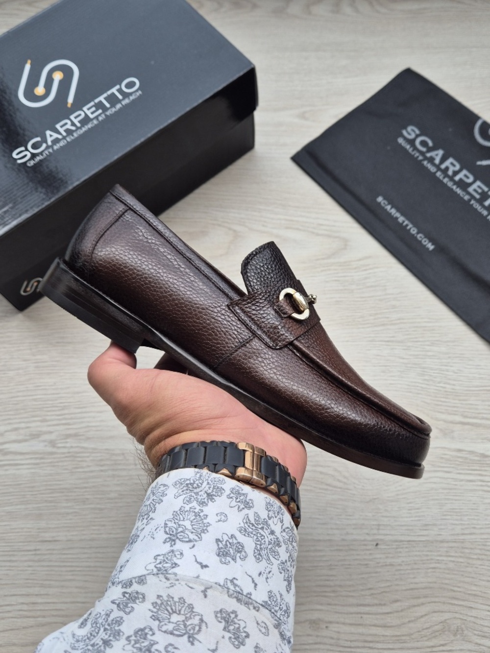 Enzo Chestnut Pebbled Leather Loafers with Gold Horsebit Detail